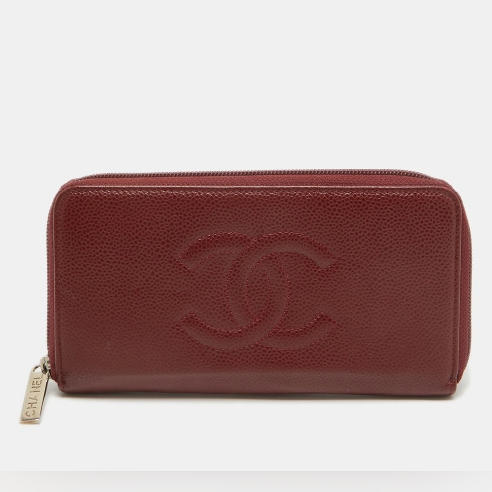 🇮🇹CHANEL Burgundy Caviar Leather CC Timeless Zip Around Wallet